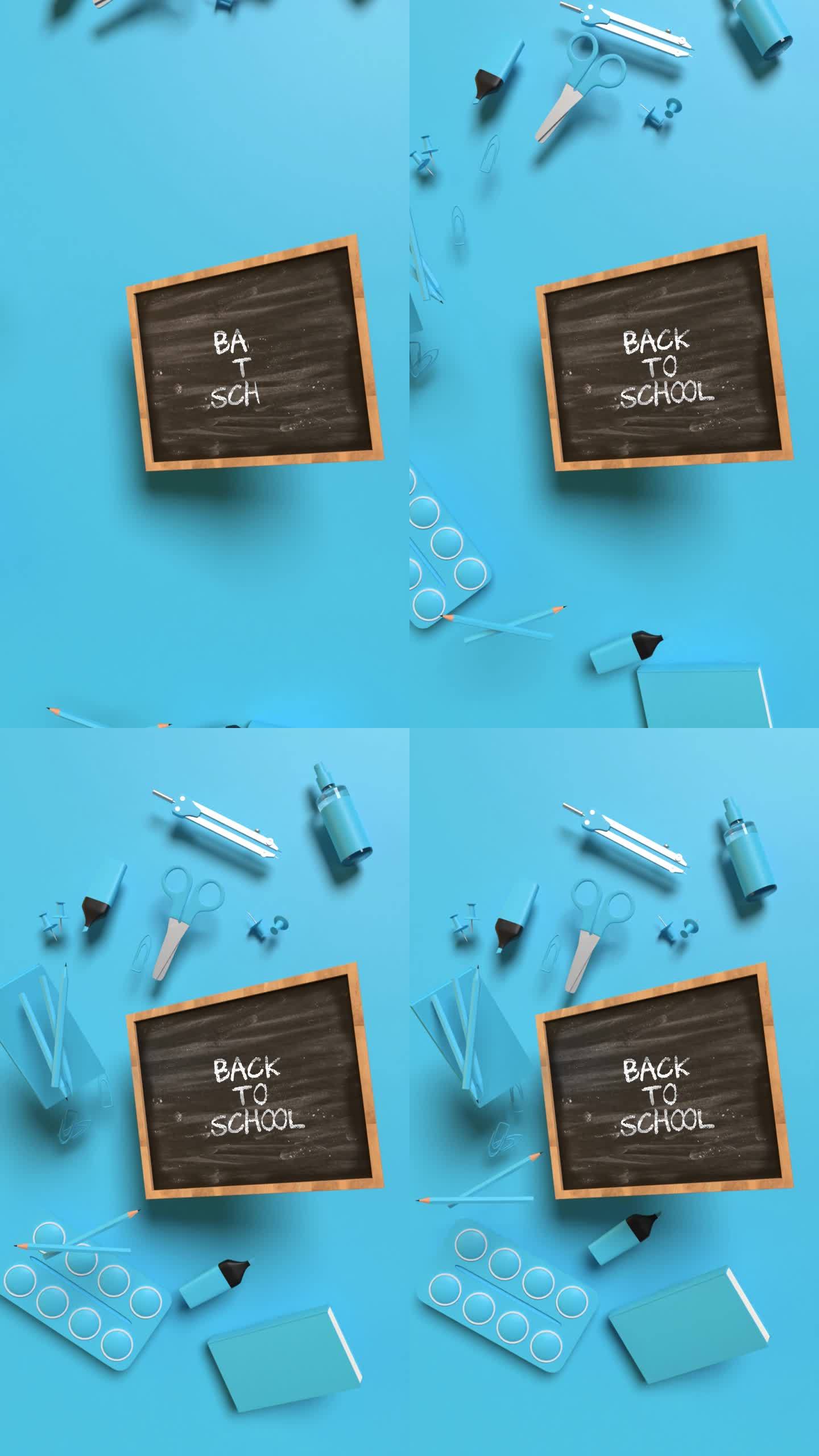 4K分辨率、蓝色背景、黑板蓝色学校设备侧面的垂直返校概念