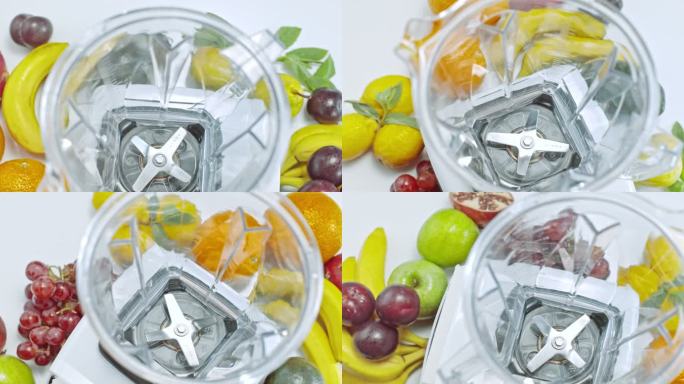 SLO MO桌子上装满水果的空搅拌器罐
