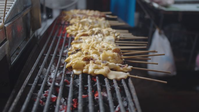 泰国曼谷雅瓦拉亚洲街头美食煤炉烤鱿鱼特写