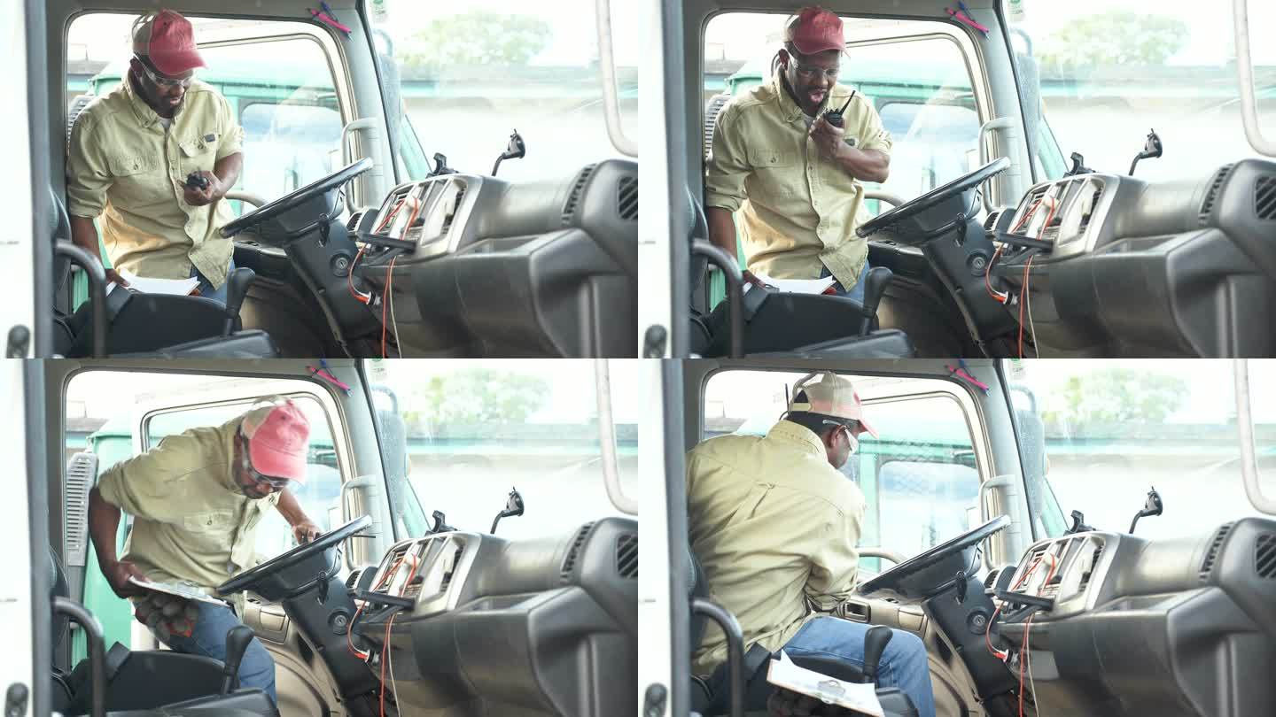 非洲裔美国卡车司机用对讲机讲话
