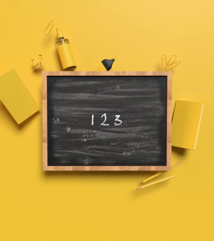 垂直返回学校123计数数学概念，在4K分辨率黄色背景的黑板后面放置黄色学校设备
