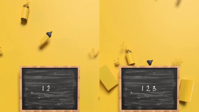 垂直返回学校123计数数学概念，在4K分辨率黄色背景的黑板后面放置黄色学校设备