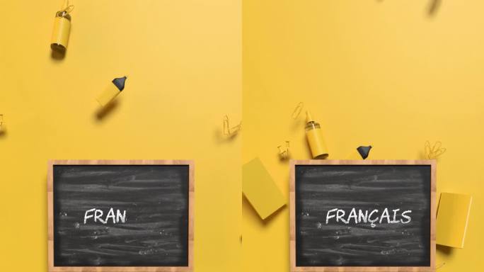 以4K分辨率在黄色背景上的黑板后面放置黄色学校设备的垂直返回学校法语概念