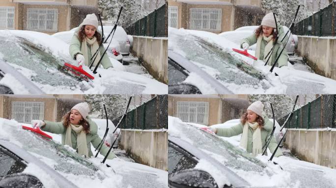 一位年轻女子正在清理汽车上的积雪