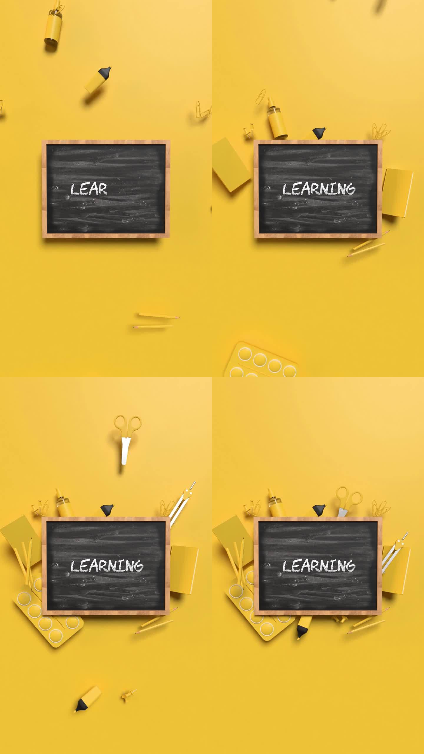 4 K分辨率黄色背景黑板后面的黄色学校设备的垂直返校学习概念