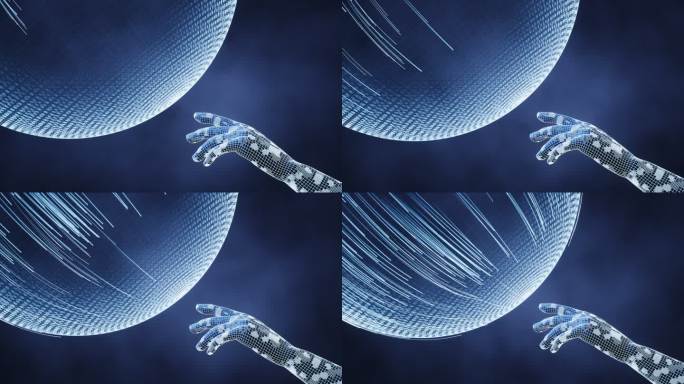 蓝色数字科技球体与数字手臂3D渲染