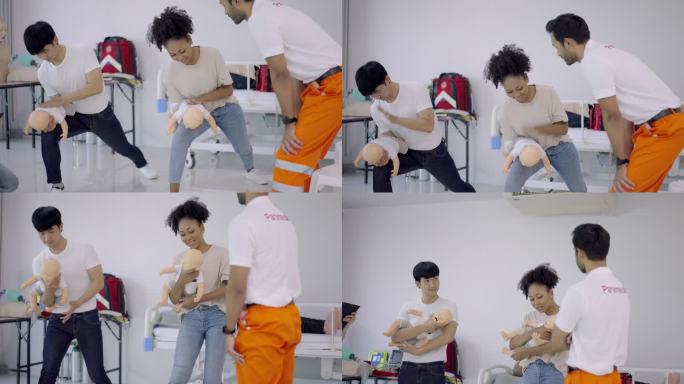 人群CPR急救婴儿培训课程。婴儿CPR假人急救培训。