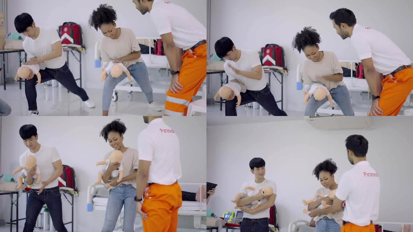 人群CPR急救婴儿培训课程。婴儿CPR假人急救培训。