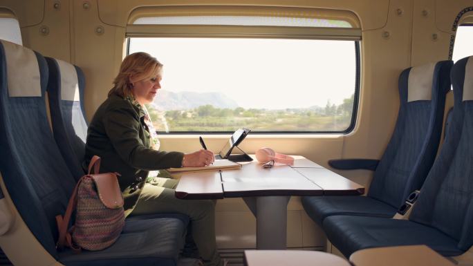 女人在火车上工作，手里拿着平板电脑和笔记本电脑。远程工作、旅行