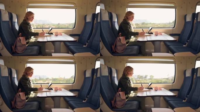 女人在火车上工作，手里拿着平板电脑和笔记本电脑。远程工作、旅行