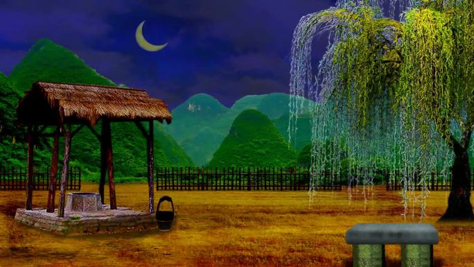 乡间村口野外水井柳树石凳-夜景