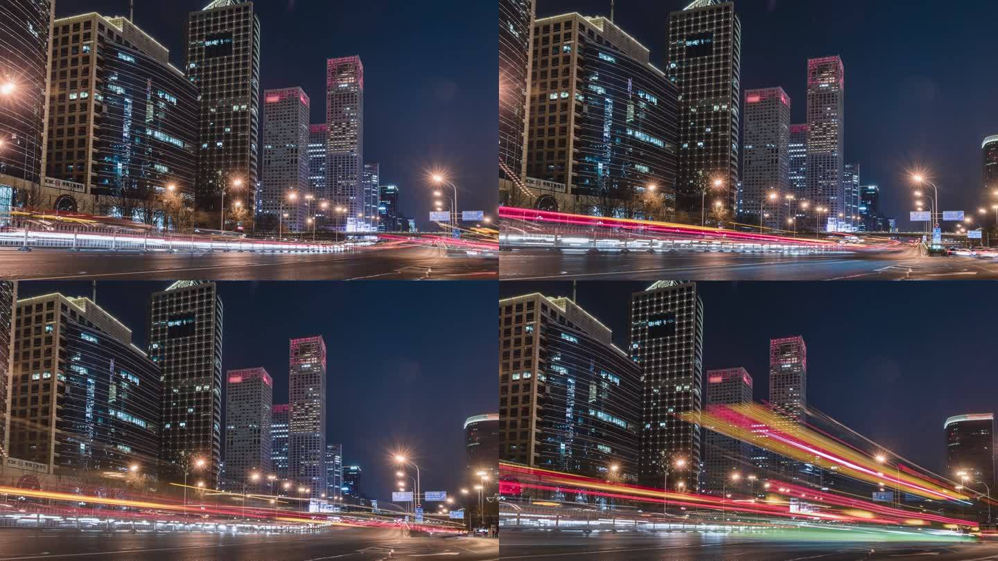 T/L PAN夜间北京交通低角度视图