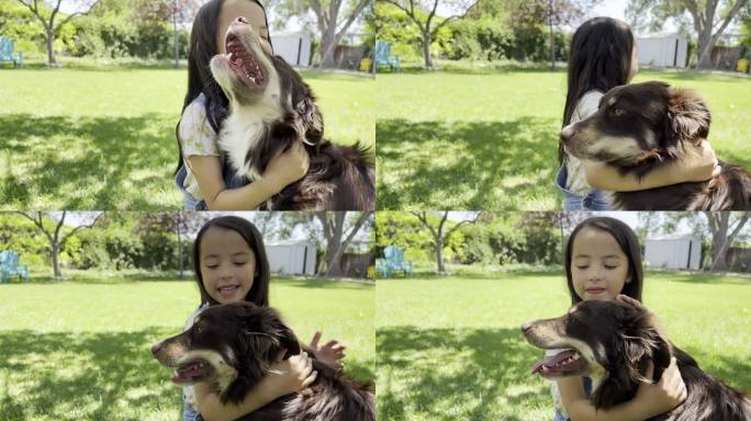年轻女孩玩耍并爱她的小狗