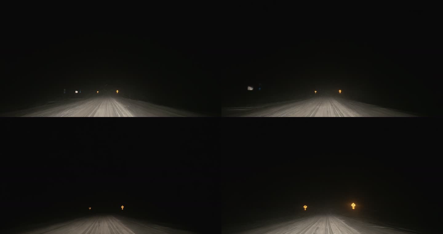 夜间在暴风雪中沿道路行驶，同时在远光灯和近光灯之间切换（前照灯）