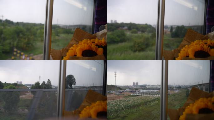 高速行驶的高铁动车窗外风景文艺旅行