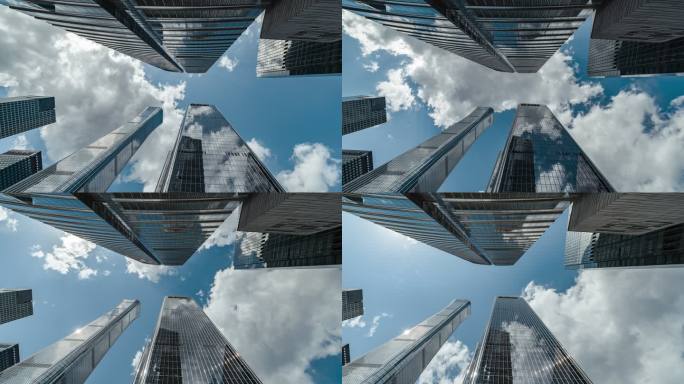 T/L PAN高层企业建筑低角度视图摩天大楼和天空