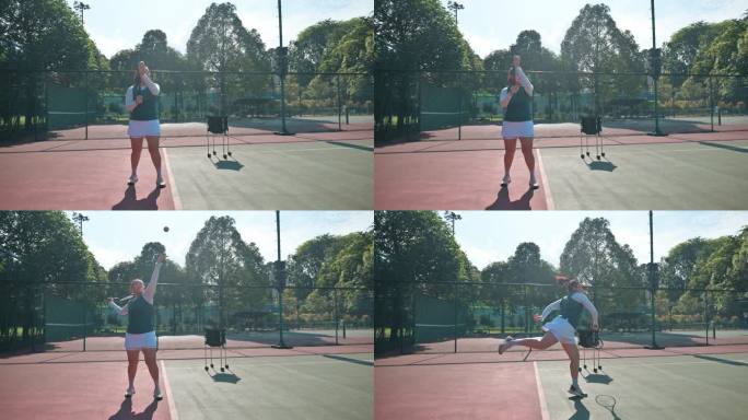 周末上午，中国亚裔女子在网球场练习发球