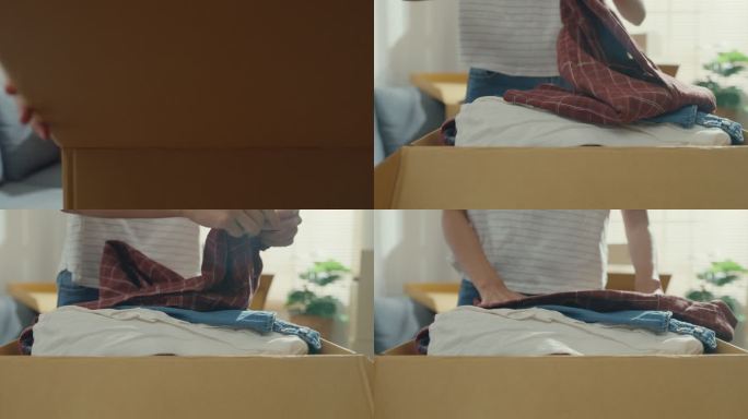 这张特写镜头是一位年轻的亚洲女性打开箱子，搬进新家。