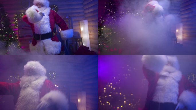 圣诞老人在办公室里用紫色的灯光跳舞
