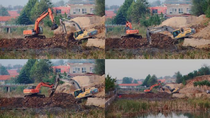 挖掘机 挖土机 抓土机 清理河道4k