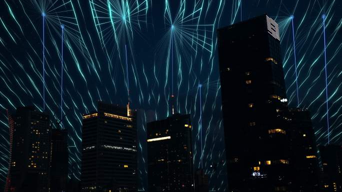 城市中的5G信号。线程，虚拟连接城市夜景。延时视频