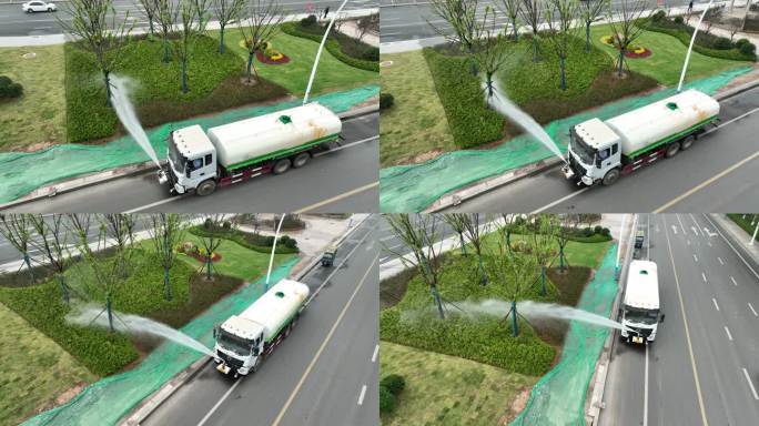 城市维护市政 洒水车作业镜头城市绿化浇水