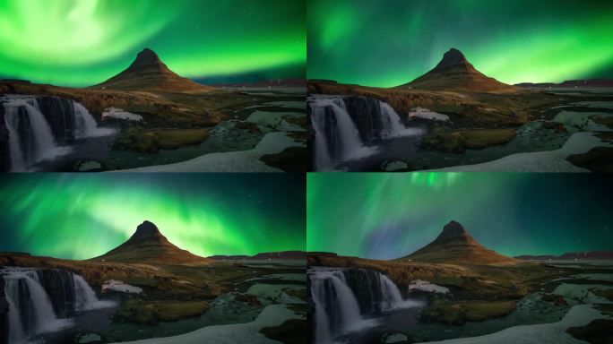 冰岛柯克朱菲尔夜空中的北极光或极光