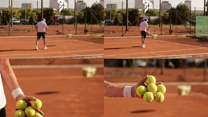 一名资深网球运动员和教练在室外粘土网球场练习网球的视频蒙太奇