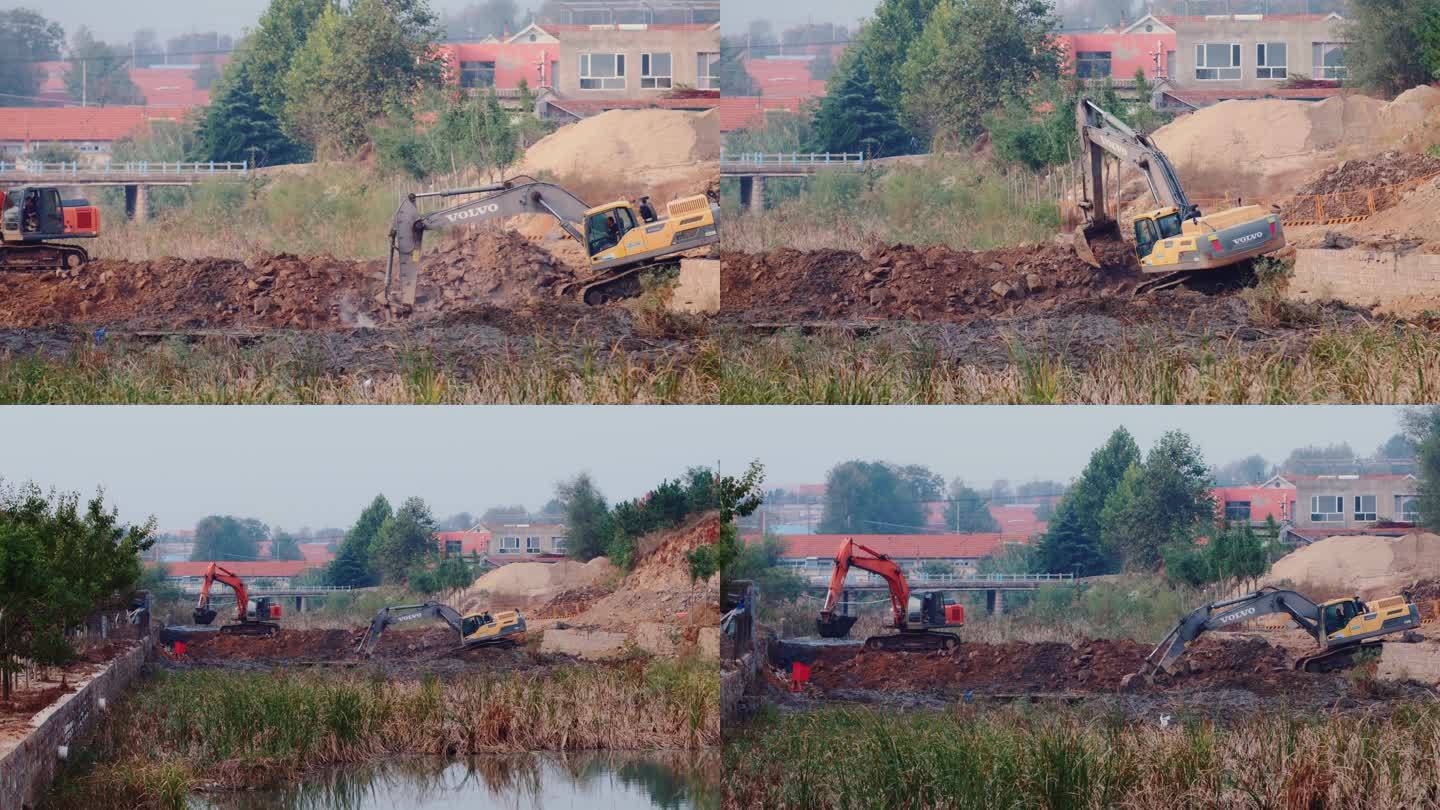 挖掘机清理河道淤泥4k