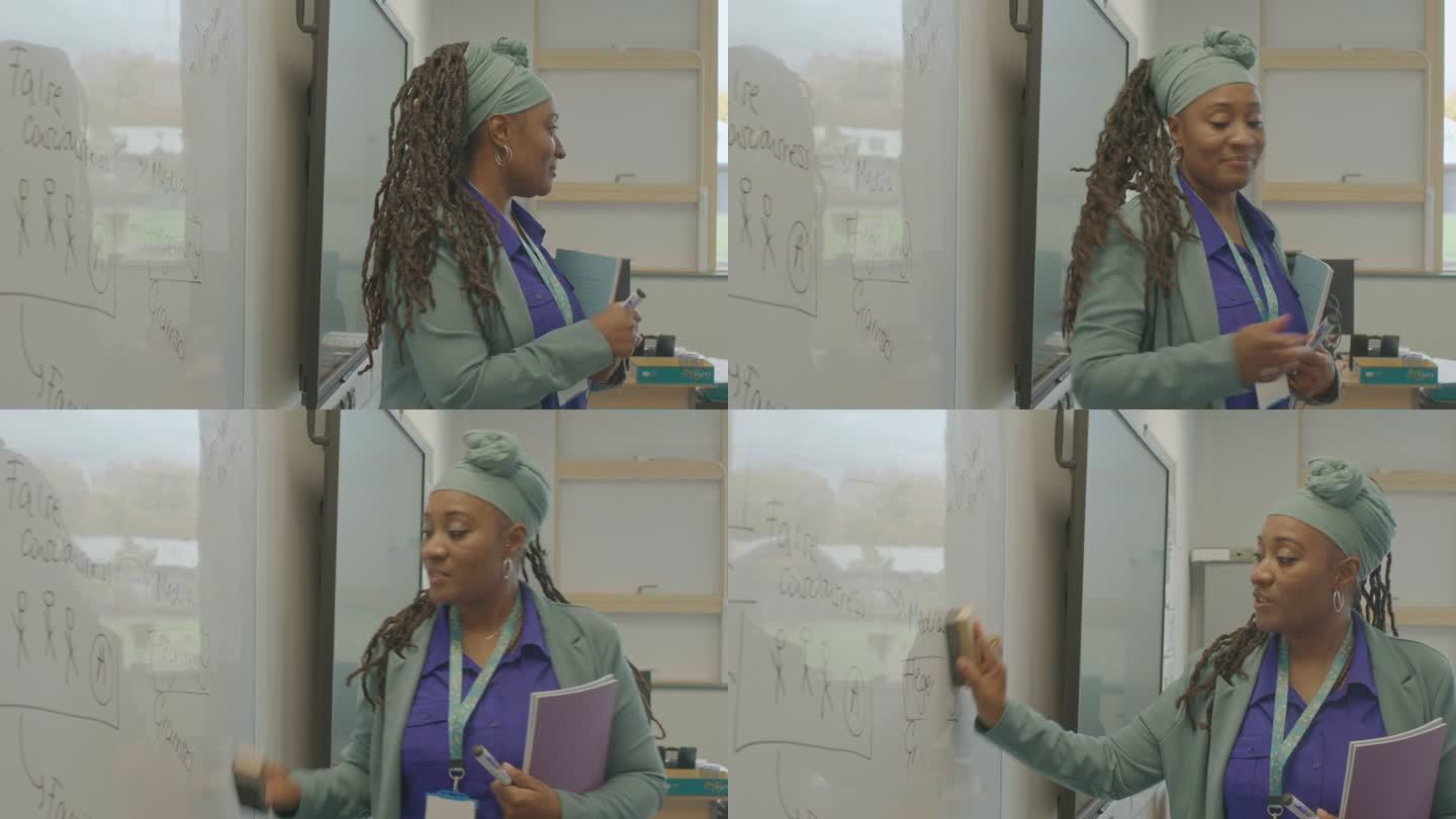 黑人女教育家说话和擦白板