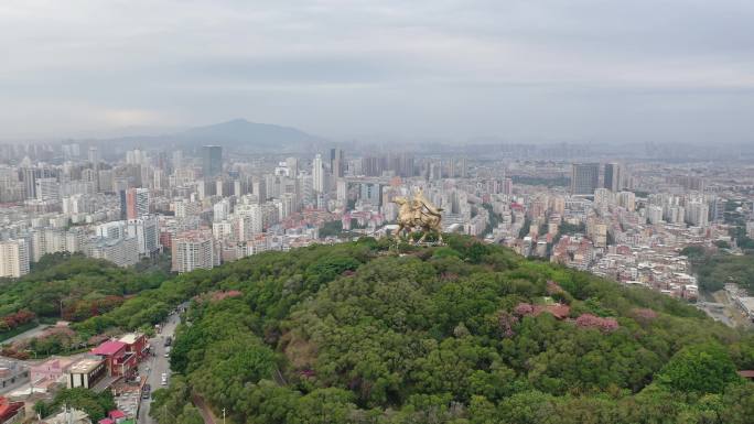 泉州郑成功雕像航拍丰泽区大坪山看市区阴天