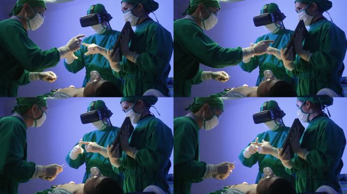 医生正在手术室为病人做手术。使用虚拟现实眼镜。