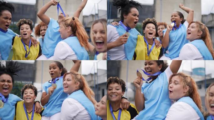 女足球运动员庆祝夺得奖牌