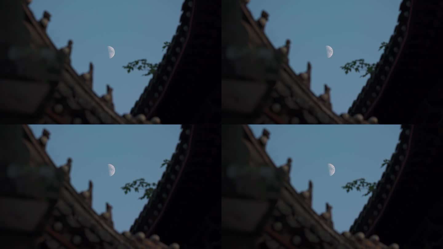 4K实拍夜晚房檐上的月亮