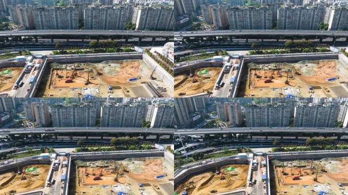 航拍延时成都建筑工地打地基深基坑作业