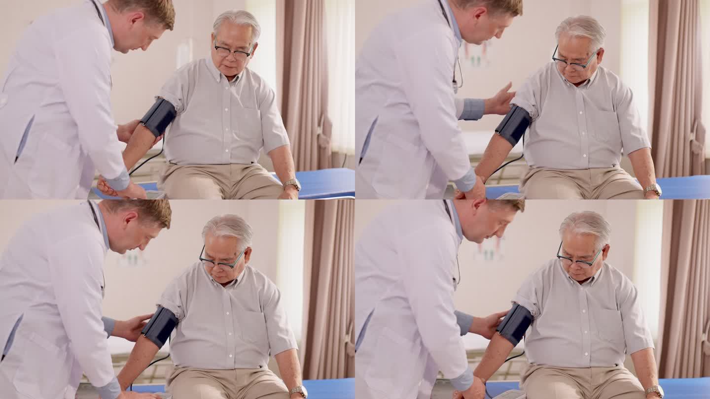 专注、专注的专业男性医生身穿白色实验室工作服，用血压计检查并诊断老年患者患心脏病和中风的风险