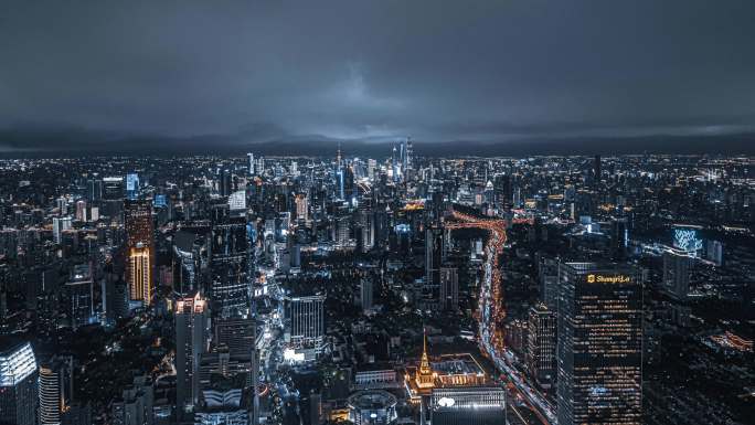 航拍上海静安区夜景延时