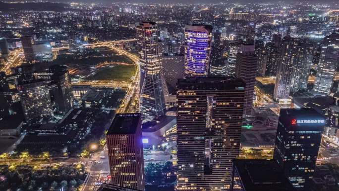 航拍杭州钱江新城夜景延时