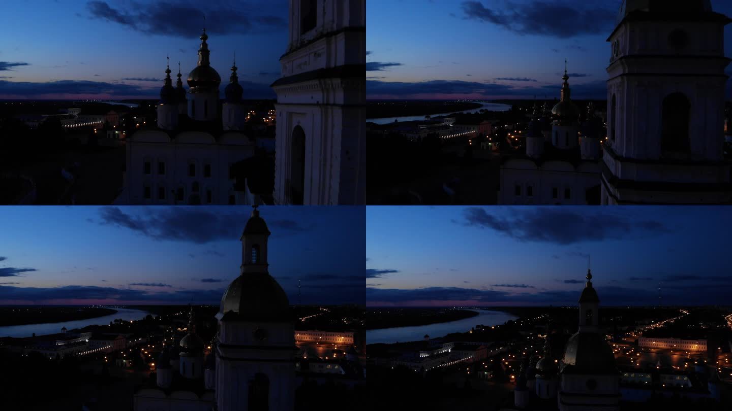 俄罗斯黄昏教堂民居城市风光航拍