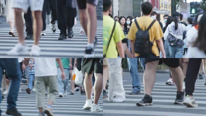 行人过斑马线人行道 脚步升格慢动作 人流