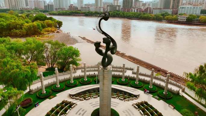 4k黄河绿头鸭龙源雕塑航拍