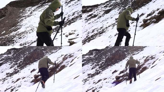 爬雪山 男子穿冲锋衣爬雪山 拄拐棍爬雪山