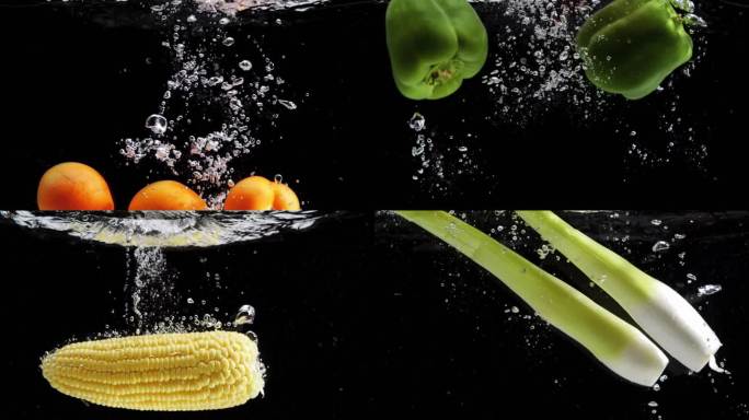 各种新鲜蔬菜入水升格慢镜头