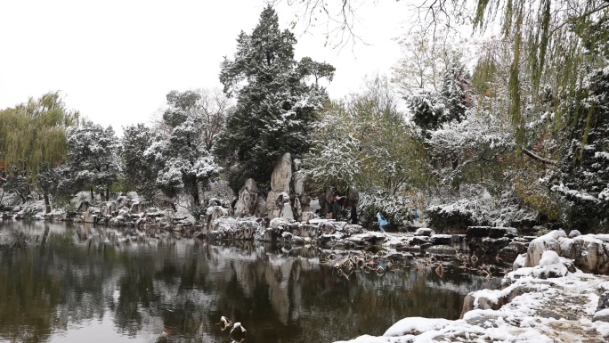 雪后湖边游人穿梭