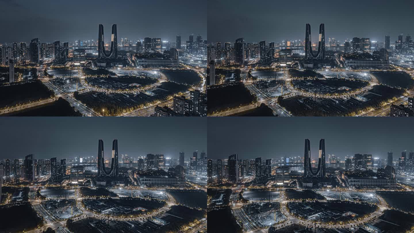 航拍杭州奥体中心夜景延时