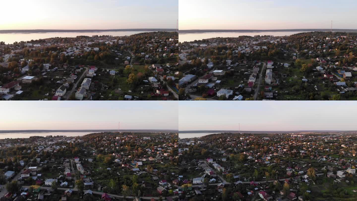 俄罗斯郊外湖边小镇民宅航拍