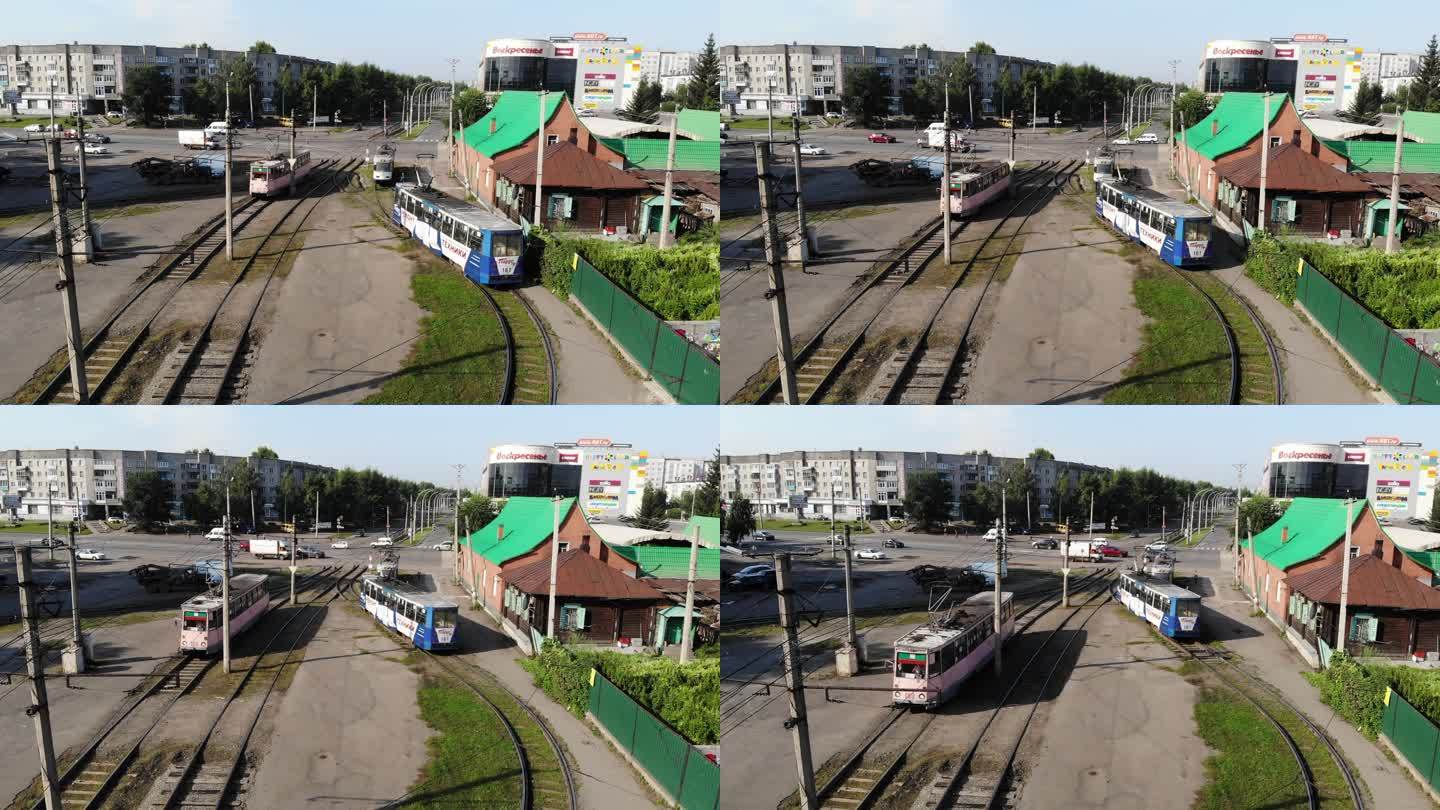 俄罗斯城镇民居苏式建筑轻轨轨道航拍