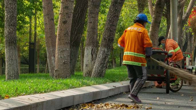 秋季马路边环卫工人扫落叶