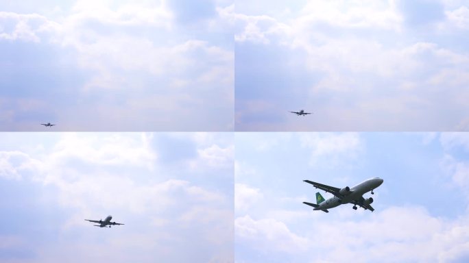 飞机降落飞机从蓝天白云天空飞过飞机起飞