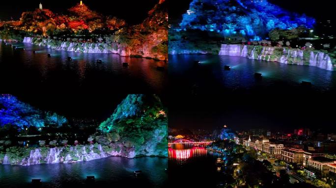 2022广西柳州最新航拍江边瀑布群夜景